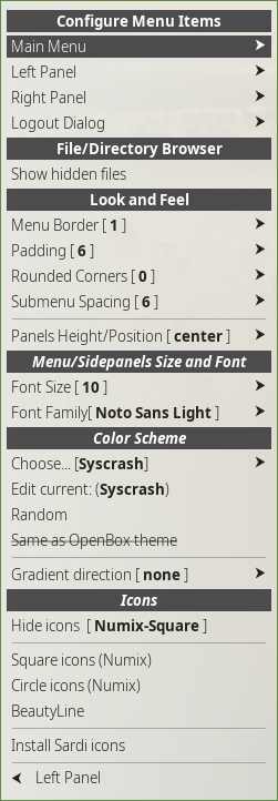 Menu/Sidepanel settings