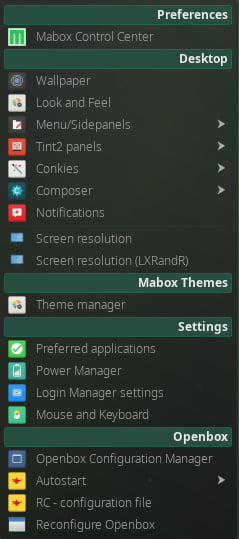 Settings menu